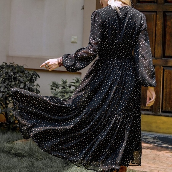 floral print embroidered dot long sleeve dress - Picture 6 of 6
